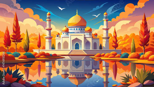 Majestic mosque reflecting in autumnal lake.. Very beautiful,