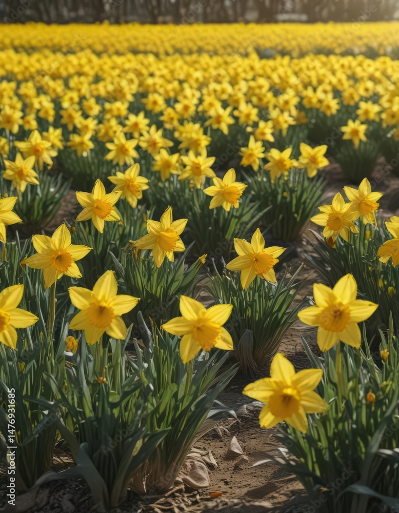 Obraz premium Sunlit field of vibrant yellow daffodils in full bloom , bright, petal texture