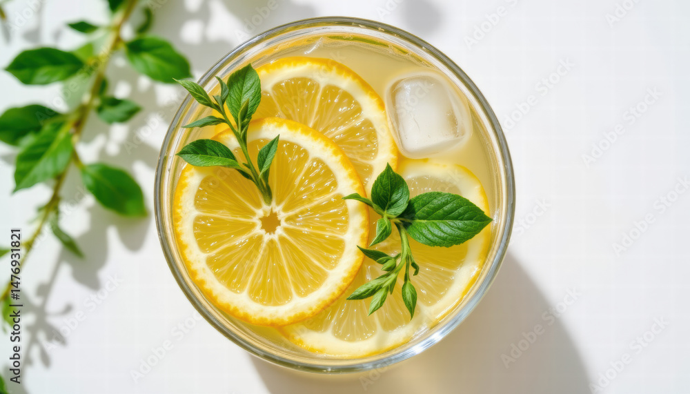 Refreshing lemon drink with ice and fresh herbs, showcasing vibrant yellow lemon slices and green leaves, perfect for summer day Refreshing lemon drink with ice and fresh herbs, showcasing vibrant yellow lemon slices and green leaves, perfect for summer day