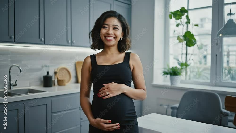 A smiling pregnant Latina woman in a black dress gently holds her belly in a bright kitchen. Concept of motherhood and joyful anticipation. A smiling pregnant Latina woman in a black dress gently holds her belly in a bright kitchen. Concept of motherhood and joyful anticipation.