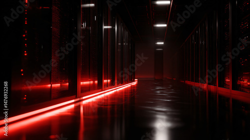 Modern data center server room with red lighting, technology web racks, cloud power system.
