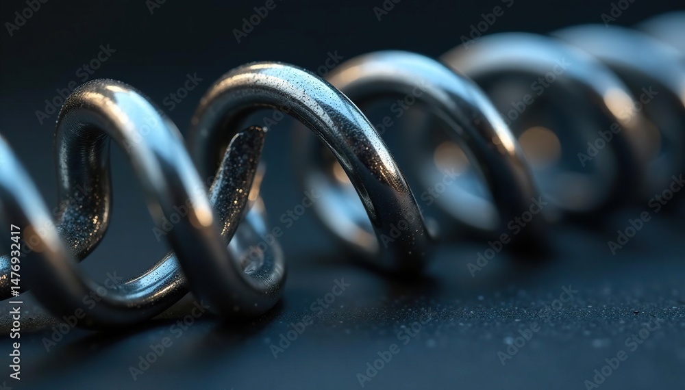 Close-up of a metal coil spring, showing its tight coils and metallic sheen , elastic, background, curve Close-up of a metal coil spring, showing its tight coils and metallic sheen , elastic, background, curve