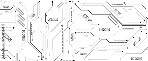 Abstract CPU processor or semiconductor with Power icon with glowing pixels on technology circuit board. Technology background with crossed lines and dots.