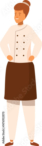 Confident female chef in uniform smiling and posing with hands on hips, exuding professionalism and culinary expertise