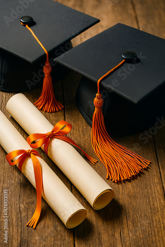 Two graduation caps with tassels and two diplomas tied with orange ribbons on a wooden surface