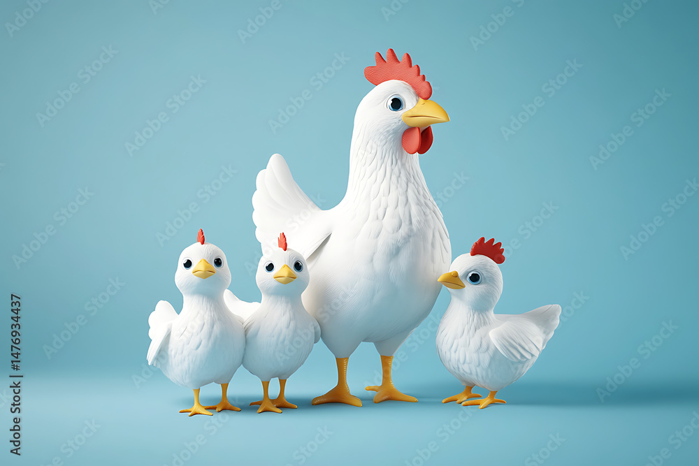 Fototapeta premium A cheerful cartoon chicken family poses together against a soft blue background, ideal for children's media