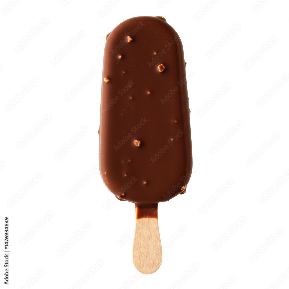 Chocolate-covered ice cream bar on a wooden stick, isolated on white background Chocolate-covered ice cream bar on a wooden stick, isolated on white background