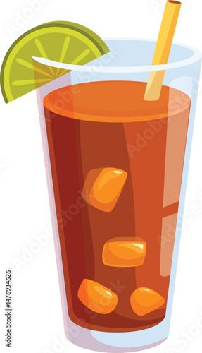 Refreshing long island iced tea cocktail served in a tall glass with ice, lime wedge, and straw