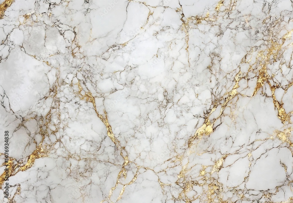 Obraz premium White marble texture with black veins and gold lines.