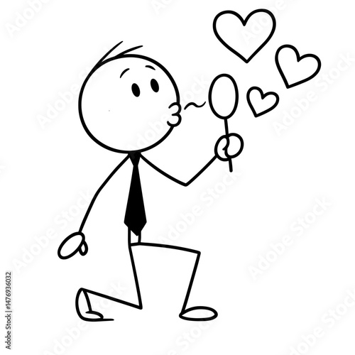 Stick figure man blowing heart bubbles