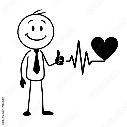 Stick figure man with heartbeat line and heart