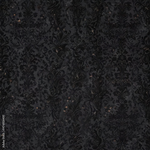 Seamless gothic wallpaper, black damask with swirling vines , ornate, motif, decor