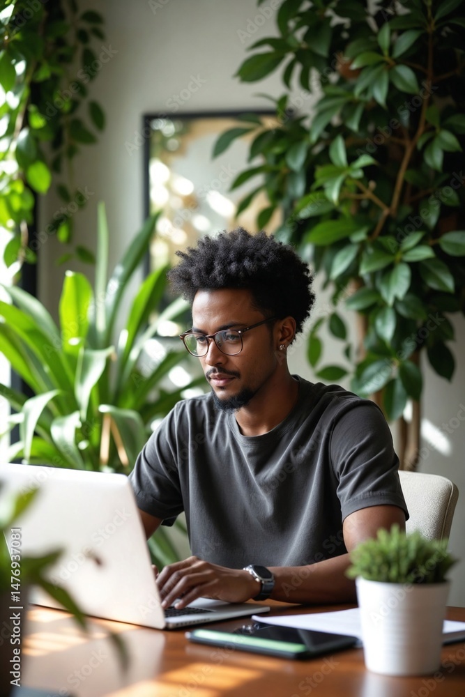 Fototapeta premium Focused Young African American Man Using Laptop in a Modern Office Surrounded by Abundant Greenery