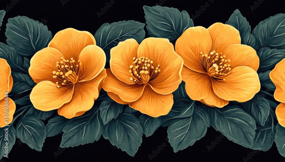 Obraz premium Elegant gold floral row featuring bright flowers and dark green leaves. Great for background design, textiles, print products, and digital art.