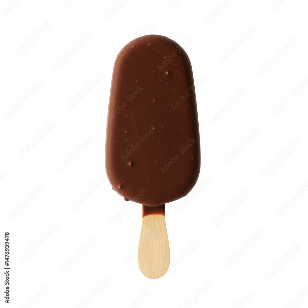 Chocolate ice cream bar on a wooden stick, isolated on a white background, ready to enjoy Chocolate ice cream bar on a wooden stick, isolated on a white background, ready to enjoy