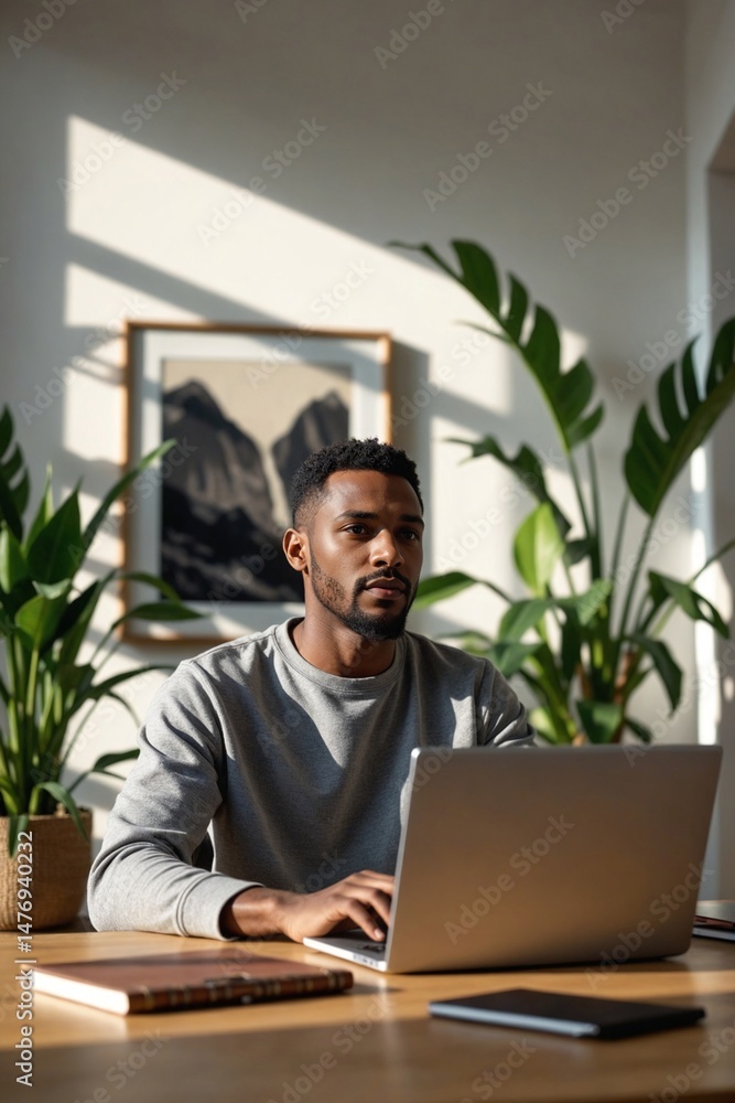 Peaceful Senior Afro-American Man Using Laptop in Comfortable Office Space with Diverse Potted Plant Collection Peaceful Senior Afro-American Man Using Laptop in Comfortable Office Space with Diverse Potted Plant Collection