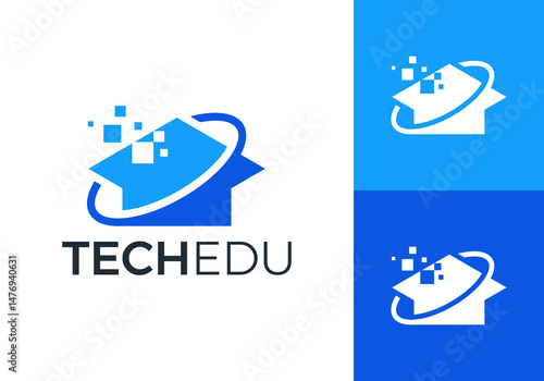 education graduate cap tech digital logo design vector concept