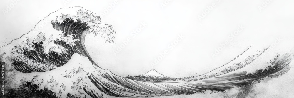 Fototapeta premium A powerful ocean wave is depicted in a majestic black and white art print illustration