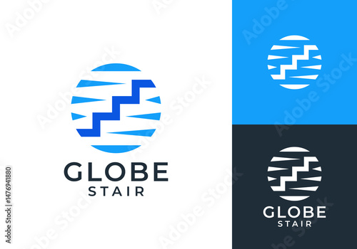 globe stair logo. global level up growth success symbol design concept