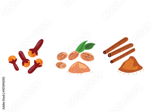 Hand Drawn Clove, Nutmeg, and Cinnamon. Colorful Spice Vector Illustration