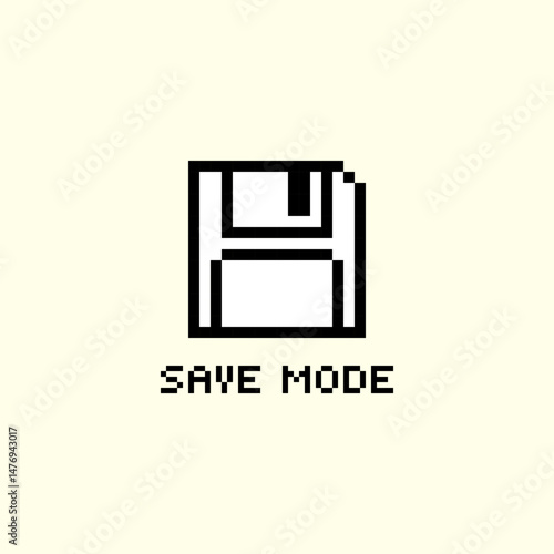 Retro pixel art floppy disk with text Save Mode. Perfect for digital nostalgia and tech designs. Minimalist illustration isolated on white background. 90s style