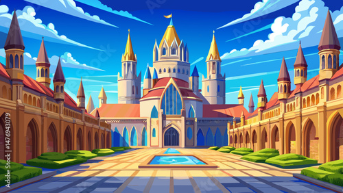 Expansive castle courtyard with towering spires under a clear blue sky, Expansive castle courtyard with towering spires, Seamless ing Photo background Very beautiful,