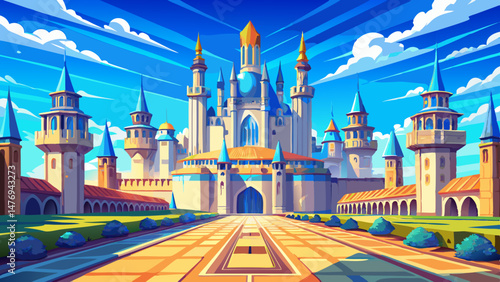 Expansive castle courtyard with towering spires under a clear blue sky, Expansive castle courtyard with towering spires, Seamless ing Photo background Very beautiful,
