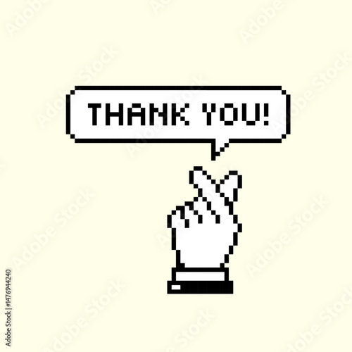 Cute pixel art finger heart with Thank You text. Perfect for social media, stickers, and kawaii design. Retro gamification marketing. Vector
