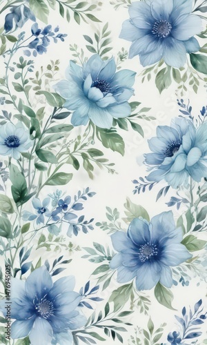 Creamy white background with delicate blue and green watercolor floral patterns ,  floral,  beauty