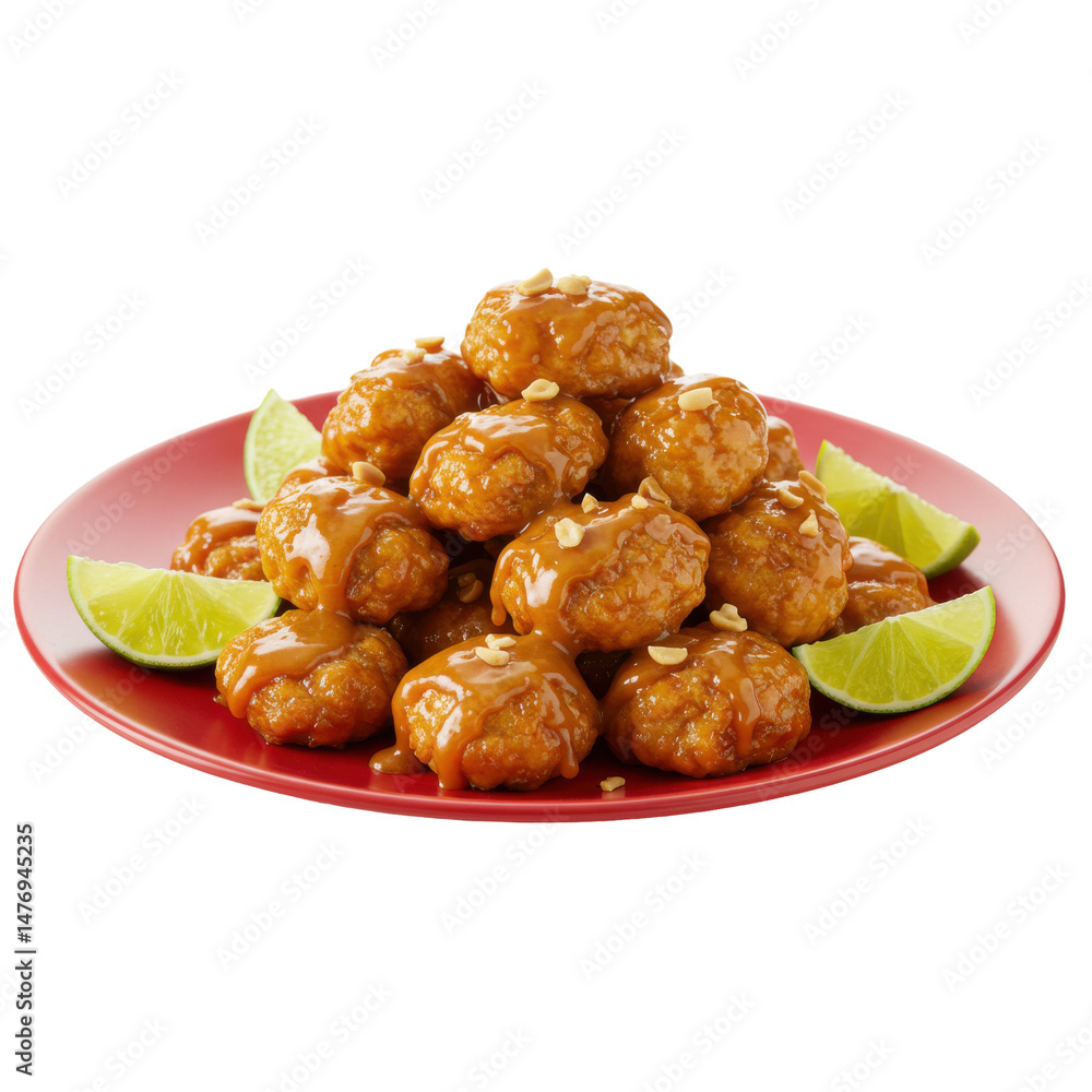 A vibrant plate of sweet and sour chicken garnished with lime wedges, showcasing a delicious meal ready to serve A vibrant plate of sweet and sour chicken garnished with lime wedges, showcasing a delicious meal ready to serve