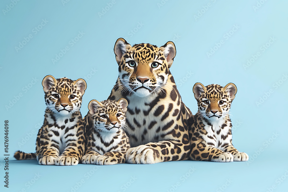 Obraz premium A family of leopards resting together against a soft blue background, showcasing their playful nature