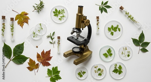 Botanical specimens and microscope