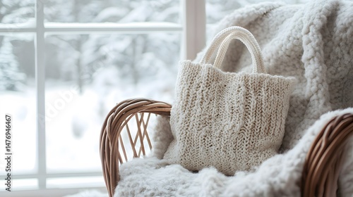 Knitted handbag on a cozy winter chair