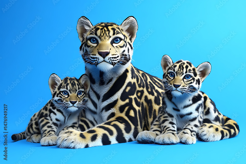 Naklejka premium Three playful leopards resting together on a vibrant blue background, showcasing their unique patterns