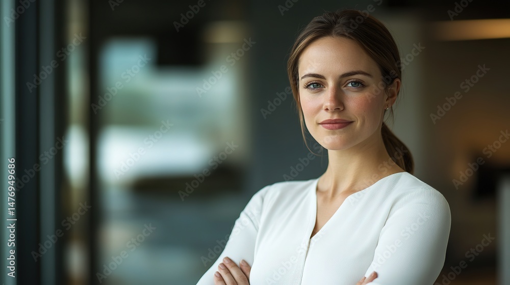 Fototapeta premium Confident young businesswoman in office, radiating professionalism and focus. 