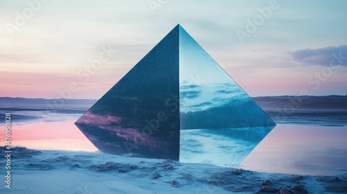 Glass pyramid reflecting sunset desert landscape
