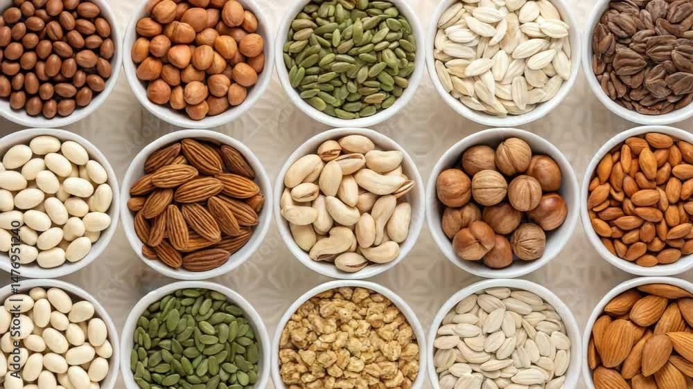 WFPB Diet Concept ,Healthy Snack Variety Nuts and Seeds in Small Bowls Showcasing Diverse Textures and Colors for Wholesome Treat WFPB Diet Concept ,Healthy Snack Variety Nuts and Seeds in Small Bowls Showcasing Diverse Textures and Colors for Wholesome Treat