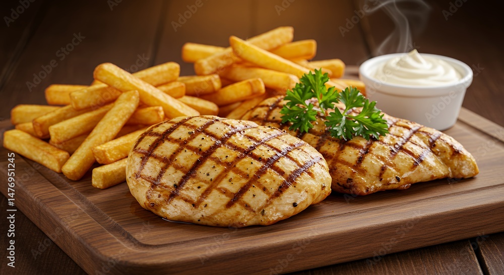 Grilled Chicken Breast with Fries and Sauce Grilled Chicken Breast with Fries and Sauce