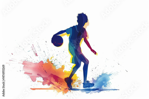 Colored silhouette of a basketball player boy with a ball, illustration