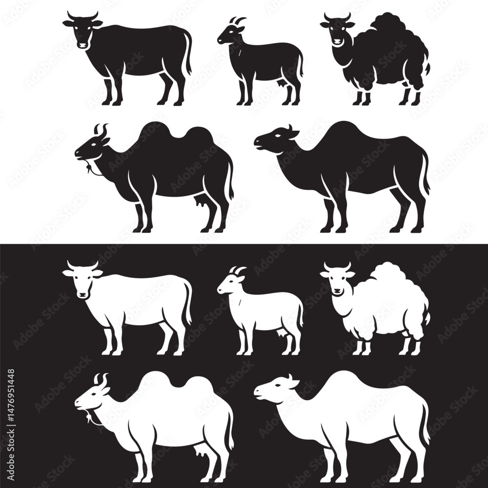 Fototapeta premium Vector Set of Qurbani Animals – Cow, Goat, Sheep, Camel, and Bull for Eid al-Adha