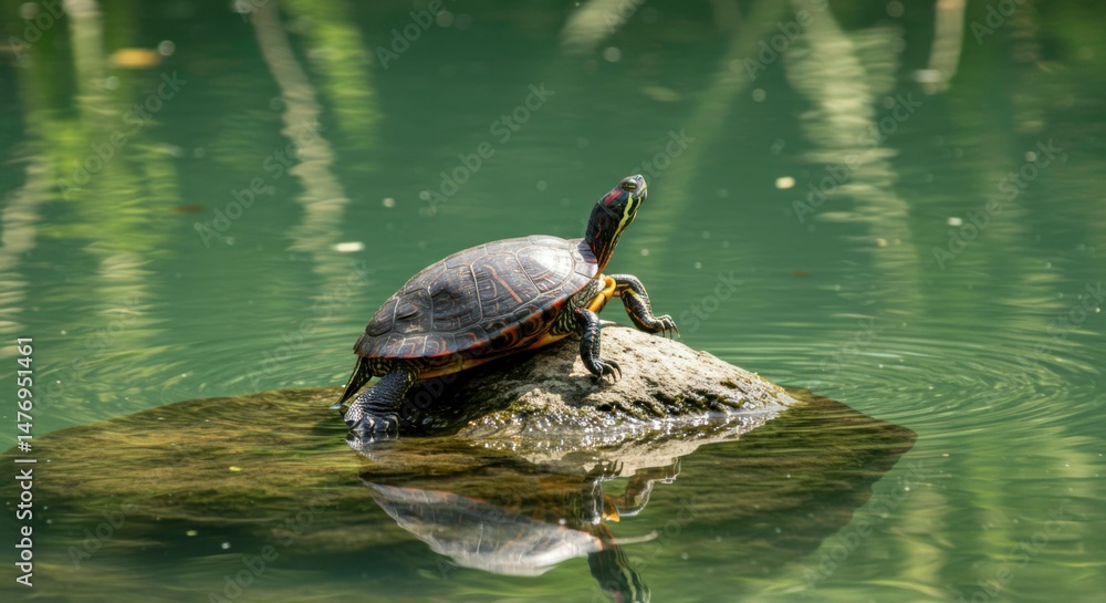 Fototapeta premium Turtle basking on a rock in a pond