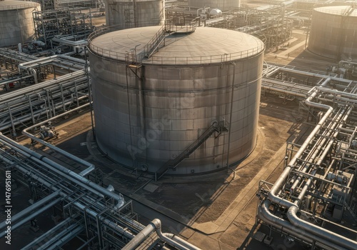 Aerial View of Industrial Storage Tanks Surrounded by Network of Pipelines in Oil Refinery During Golden Hour Light Conditions