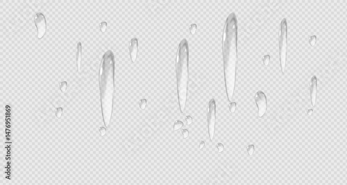 Water Drops . Vector illustration of realistic looking condensation drops, dew, cosmetic gel, oil, skin care products and clear liquid bubbles and design elements for shower or bathroom walls.PNG