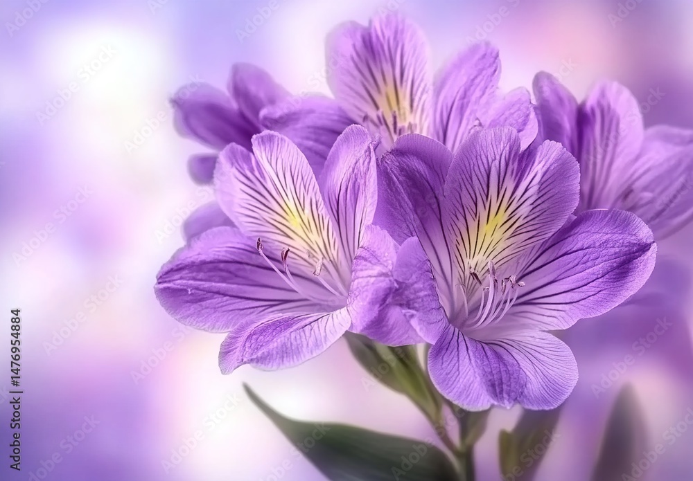 Close-up of a delicate purple lily with intricate petal patterns on glowing purple-white background. Close-up of a delicate purple lily with intricate petal patterns on glowing purple-white background.