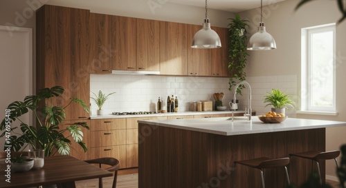 Modern, light-filled kitchen with wooden cabinets