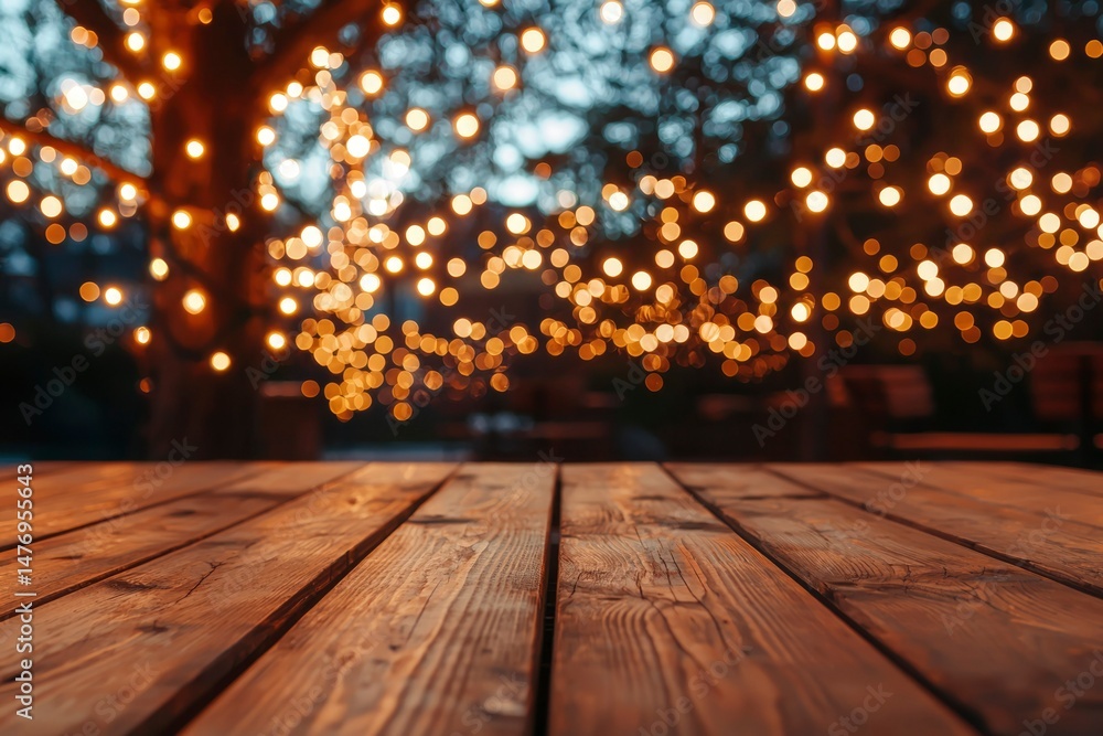 Rustic wooden table with warm outdoor lights Rustic wooden table with warm outdoor lights