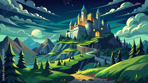 Fantasy landscape with medieval castle on the hillside at night Very beautiful,