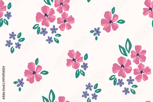 Seamless floral pattern, delicate ditsy print in folk, rustic motif. Liberty style botanical design, ornament of simple hand drawn plants, small flowers, leaves, bouquets on white. Vector illustration