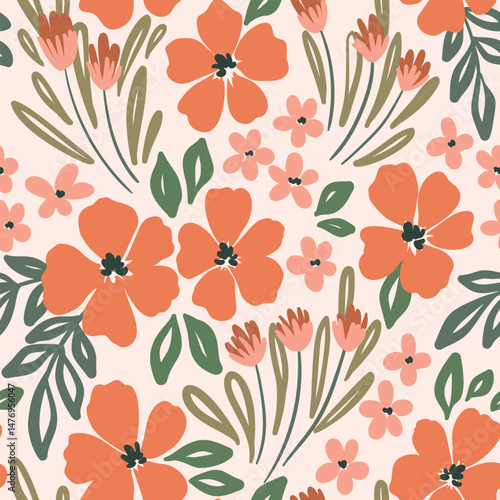 Seamless floral pattern, liberty ditsy print in artistic rustic motif. Delicate botanical design of small hand drawn plants, little orange flowers, leaves, simple bouquets. Vector illustration.
