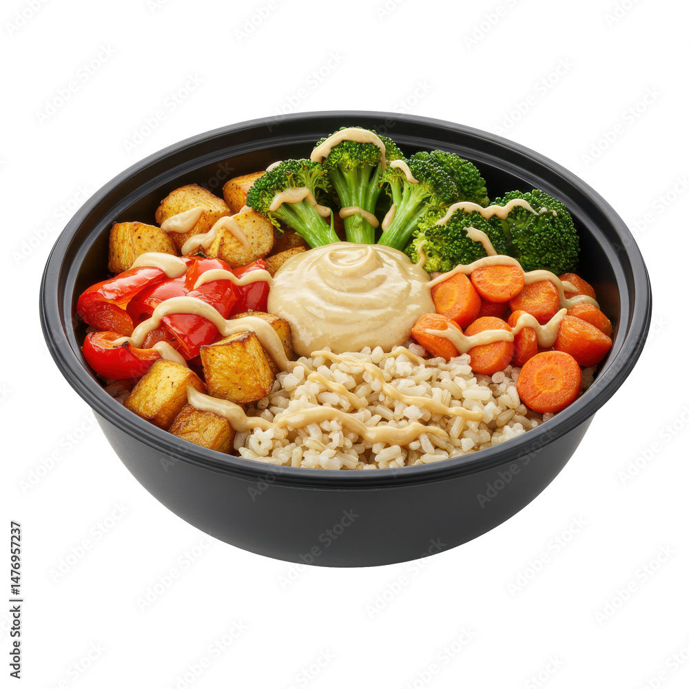 Fototapeta premium Colorful bowl of healthy food featuring rice, vegetables, and sauce